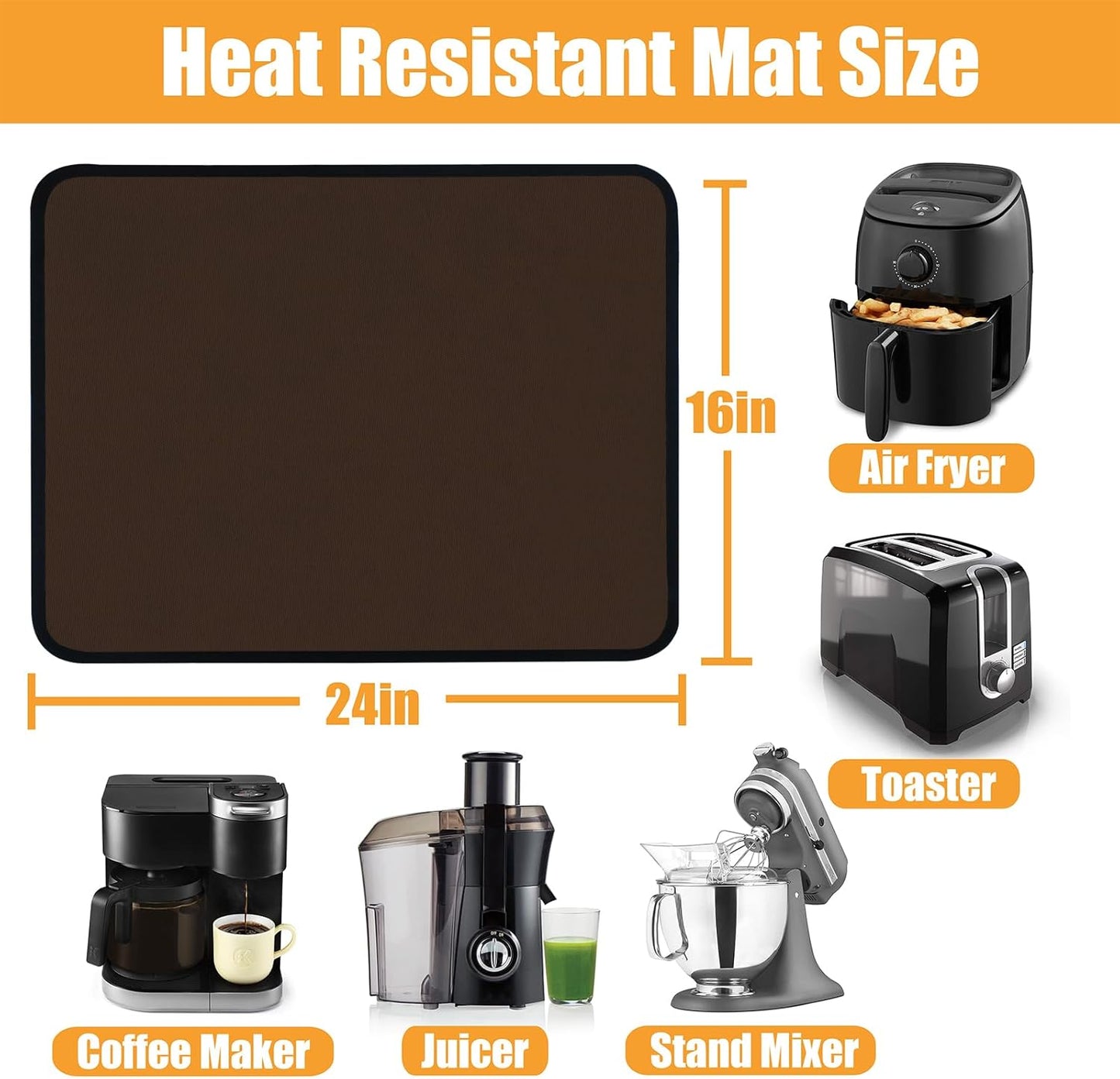Heat Resistant Mat for Air Fryer, 16 x 24in Countertop Protector, Fireproof Silicone Appliance Slider for Coffee Maker, Toaster, Oven - Brown
