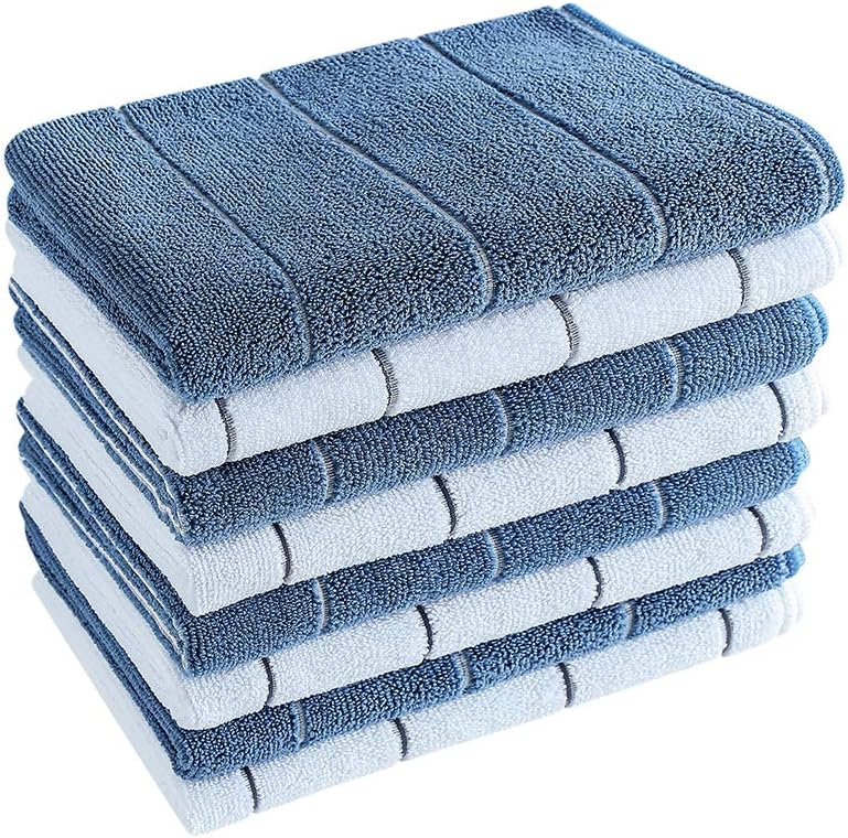 Microfiber Kitchen Towels - Super Absorbent, Soft and Solid Color Dish Towels, 8 Pack (Stripe Designed Blue and White Colors), 26 x 18 Inch