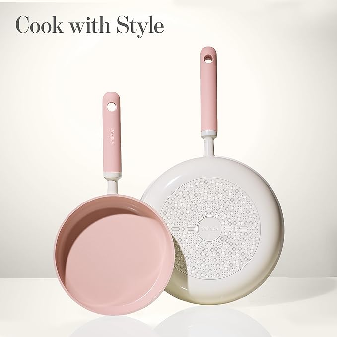 CAROTE 8'' and 10'' Nonstick Ceramic Frying Pans Skillet,NonStick Fry Pan Egg Pan Omelet Pans,Healthy & PFOA/PFAS Free, Induction-Compatible, Dishwasher Safe & Includes Silicone Spatula,Pink