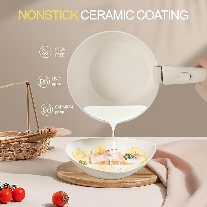 21PCS Nonstick Ceramic Pots and Pans, Ceramic Cookware with Detachable Handle, RV Kitchen Cookware Set, Cookware Set with Removable Handles, Oven Safe, Stackable Storage