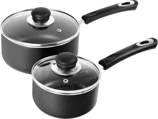 Utopia Kitchen Nonstick Stock Pot Saucepan Set with Lids, 1 Quart and 2 Quarts Multipurpose Stock Pots Set for Home, Kitchen or Restaurant, Grey & Black