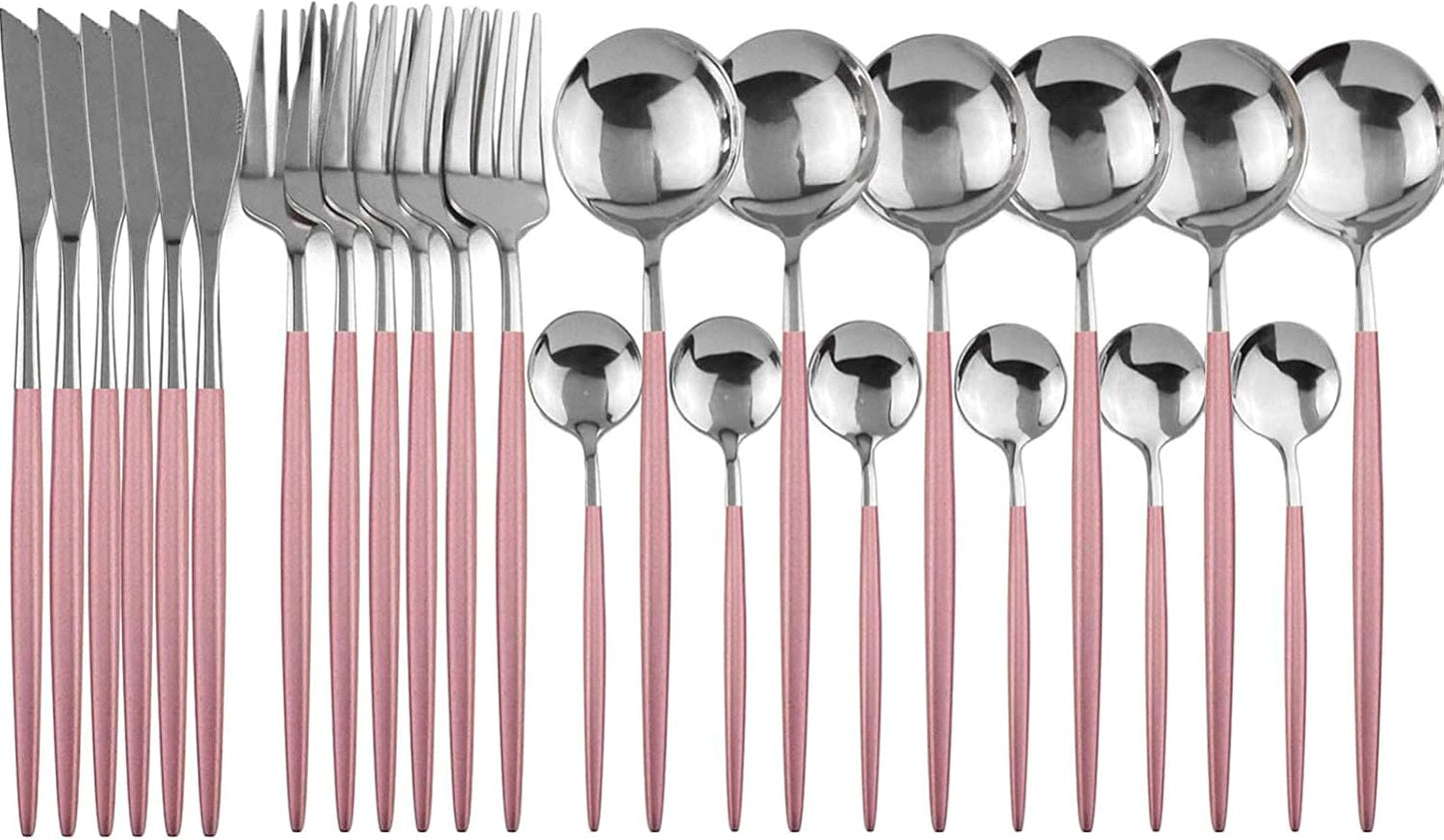 24-Piece Flatware Set, 18/0 Stainless Steel Knife Fork Spoon Teaspoon Silverware Set, Service for 6, Pink Handle Silver