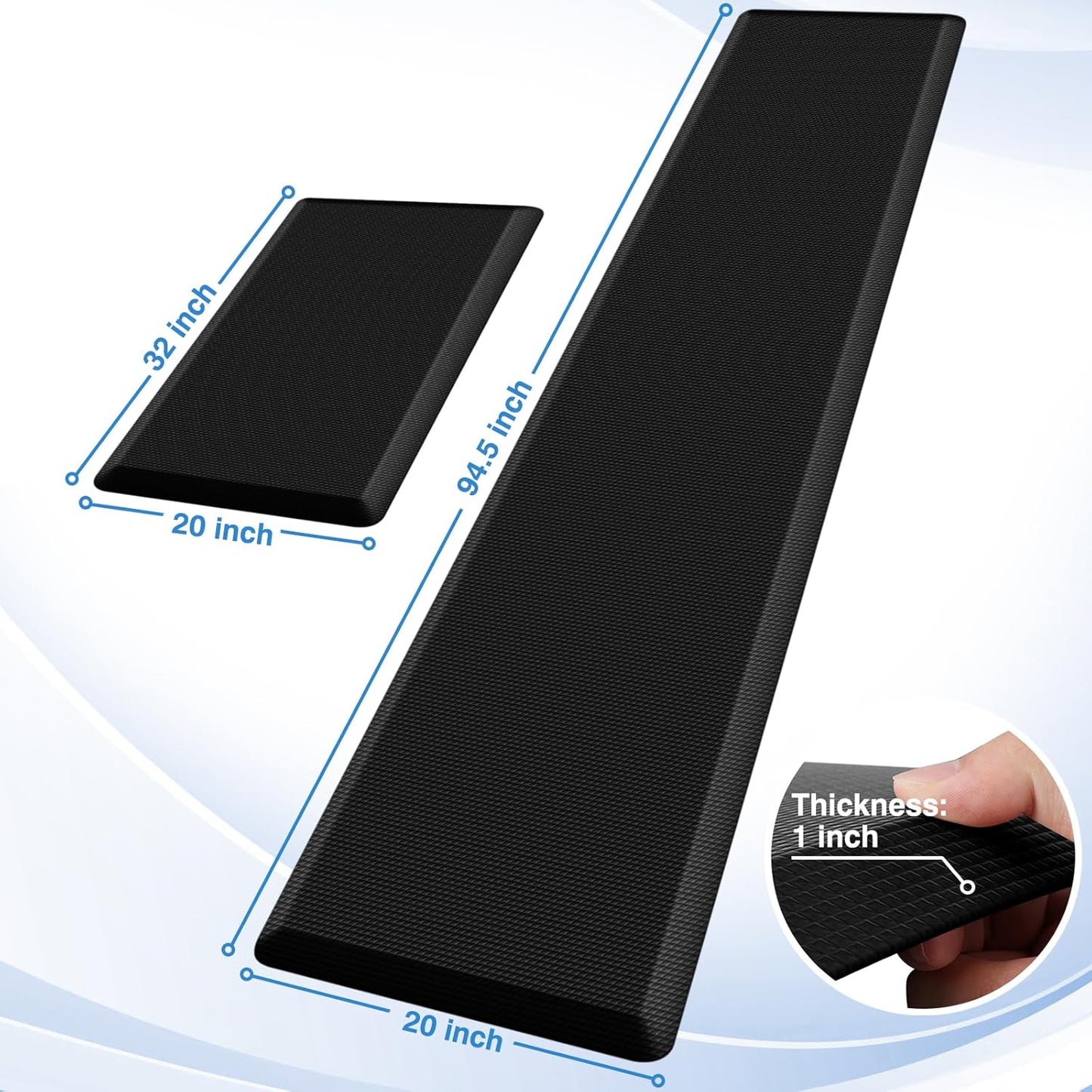 StepRite Kitchen Mats, 2PCS Kitchen Rugs, Cushioned Anti Fatigue Kitchen Mats for Floor, Non-Slip Standing Desk Mat, Waterproof Kitchen Rug Set for Kitchen,20" x 32"+20" x 94.5"-Full 1inch Thick,Black