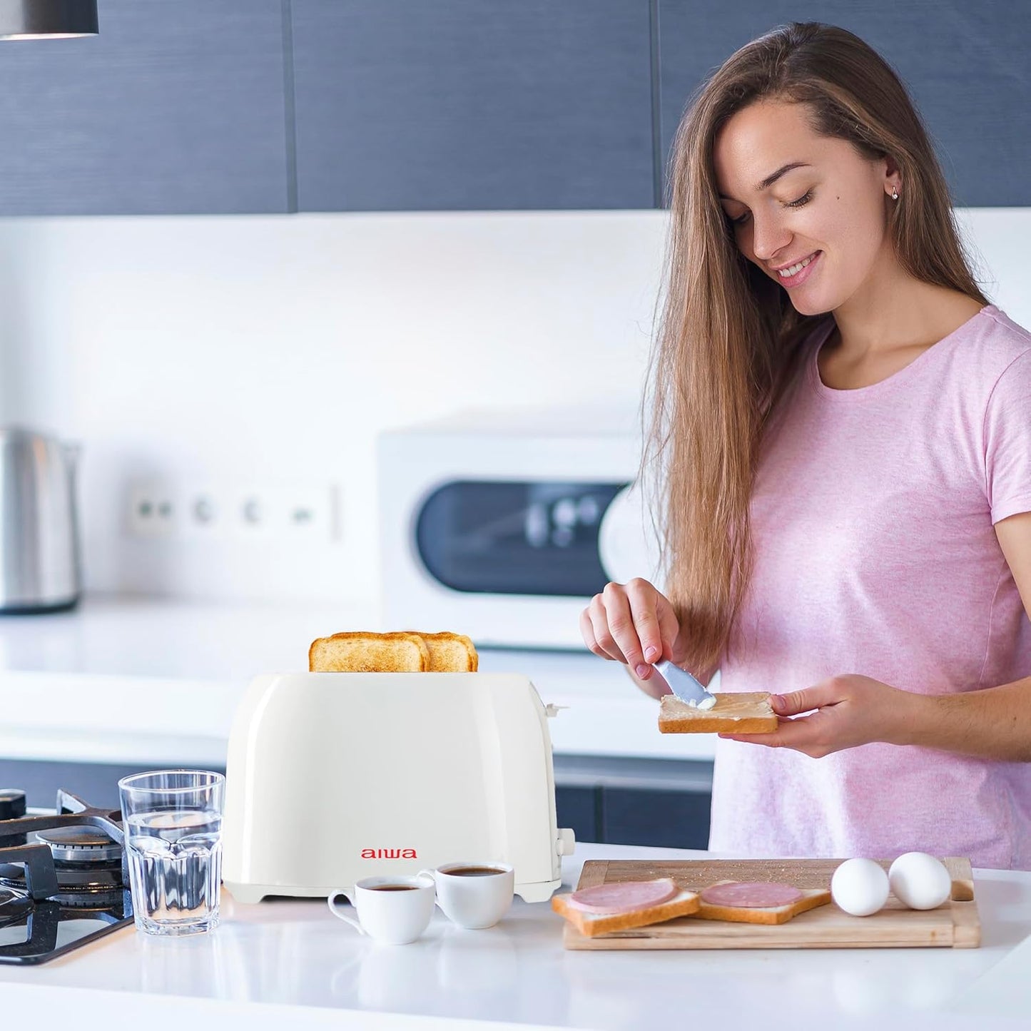 Aiwa Toaster, 2 Slice Wide Slot, Reheat and Defrost Function, 6 Browning Settings, Drop Down Crumb Tray, White