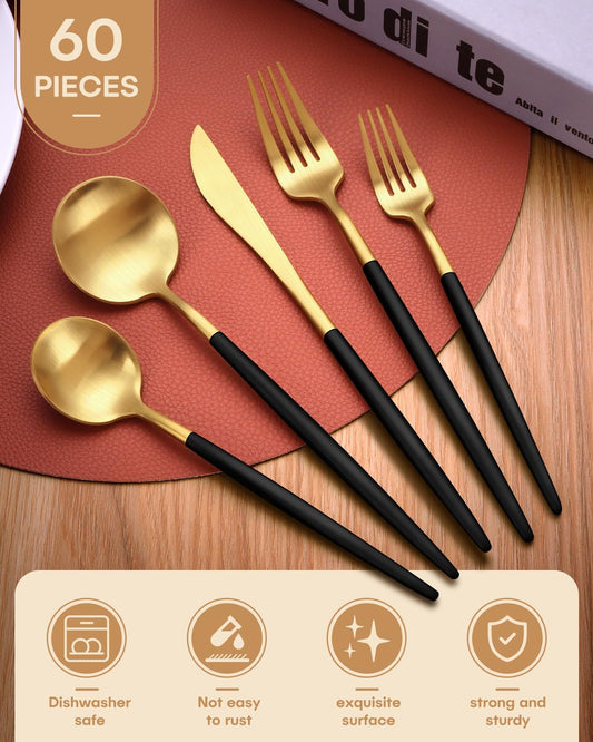 Gold and Black Silverware Set,Ollex 60-Piece Modern Silverware Set for 12 with Matte Knives Forks Spoons Flatware Set Food-Grade Stainless Utensils Duty Tableware Cutlery Set,Dishwasher Safe