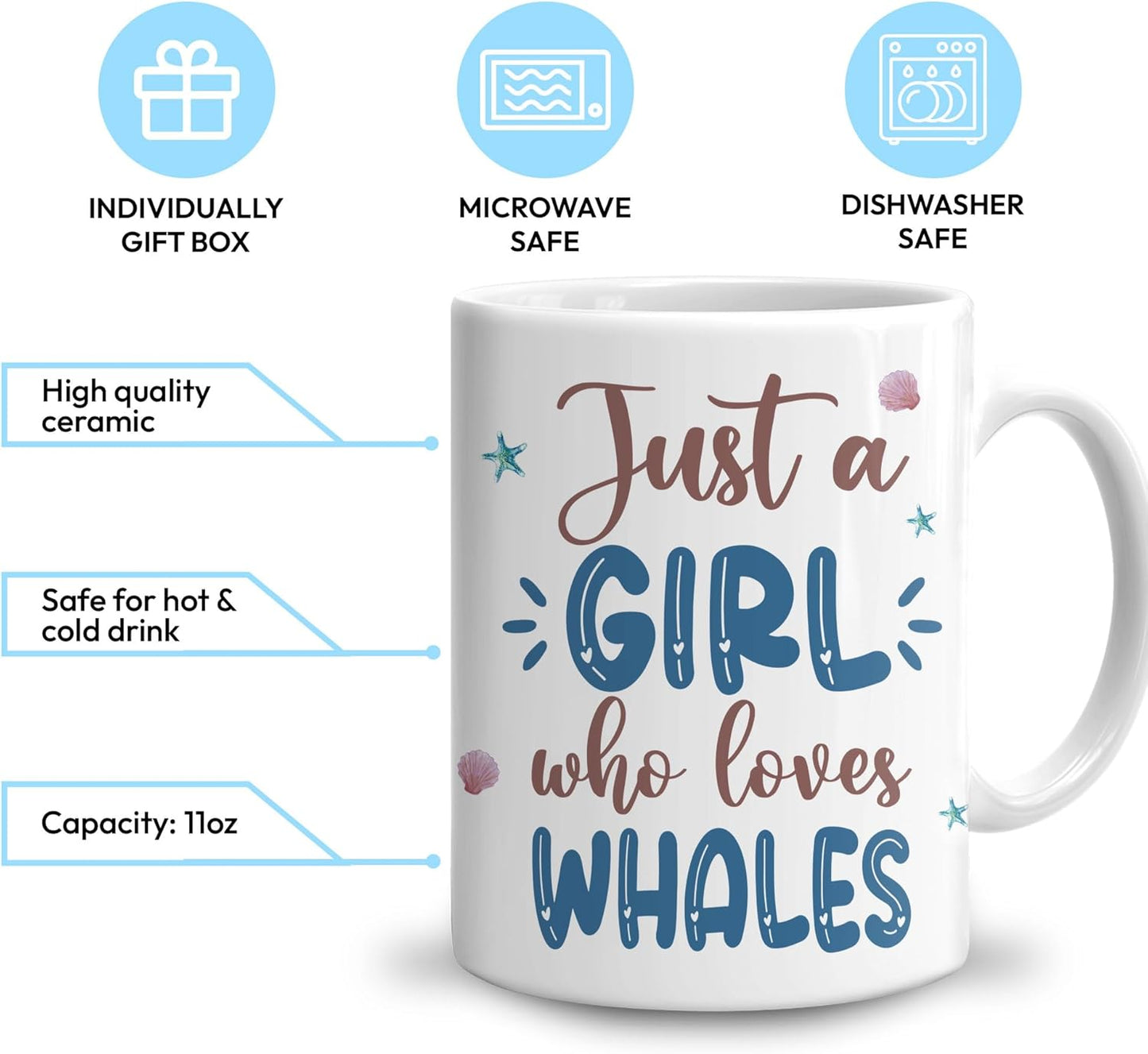Hyturtle Personalized Gifts Whale Lover - Just A Girl Who Loves Whales Custom Name Ceramic Coffee Mug Cup 11oz - Idea Cute Sea Animal Lover Gifts For Women, Girl Kids On Birthday, Christmas