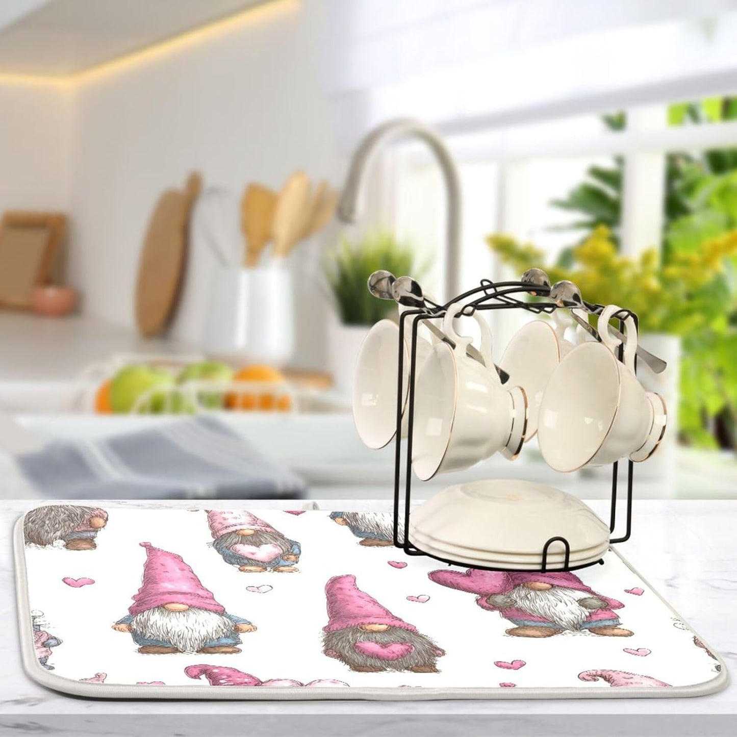 Cute Gnomes with Pink Hats Dish Drying Mat Super Absorbent Drying Mat 16x18 inch Large Dish Drying Mats for Kitchen Counter Dish Drying Pads Kitchen Drying Matt for Countertop