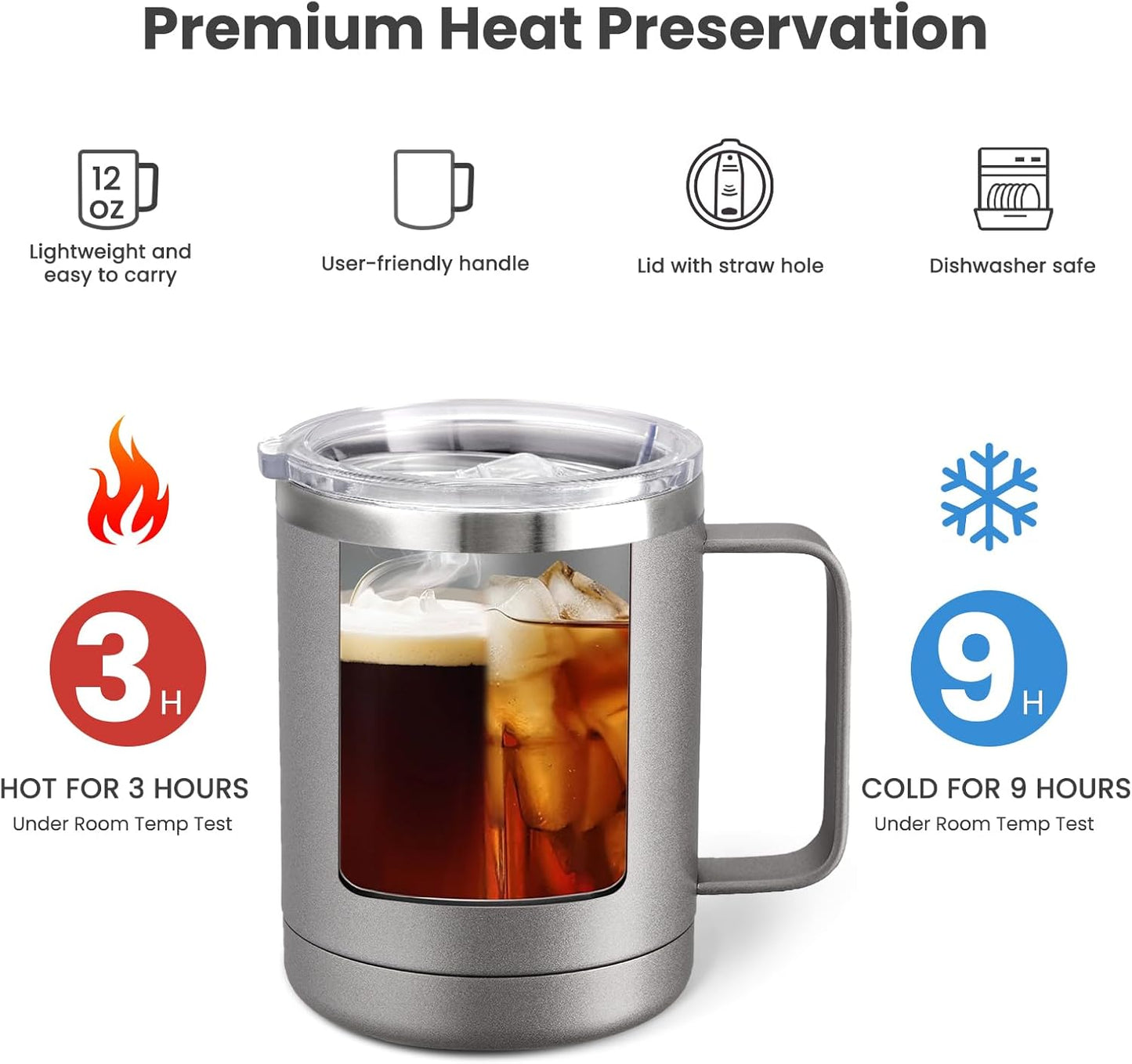 MEWAY 12oz Coffee Mug With Handle 4 Pack Bulk,Stainless Steel Insulated Travel Tumblers With Sliding Lid,Double Wall Vacuum Camping Cup for Hot & Cold Drinks Tea (Cold Grey,Set of 4)