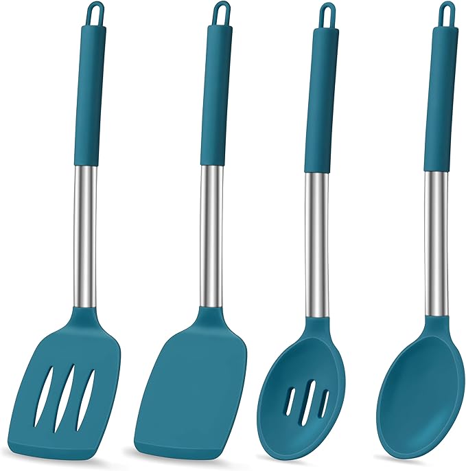 LIANYU Silicone Kitchen Cooking Utensils Set, 6Pcs Heat Resistant Kitchen Tools Spatula for Nonstick Cookware, Slotted Turner, Spoon, Soup Ladle, Pasta Server, Skimmer, Tongs, Blue