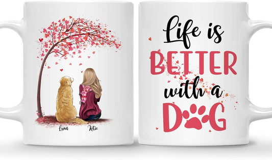 Gossby Personalized Dog Mom Mug - Life is Better with a (Girl Pink Tree) 11oz, 15oz Ceramic Coffee Names, Breeds Customized Gifts for Women Lovers, Owners (GBMUG146VAR301)