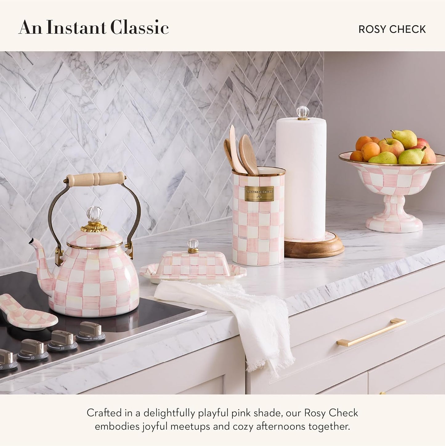 MACKENZIE-CHILDS Enamel Compote, Cute Enamel Pedestal Serving Dish or Decorative Bowl, Small, Pink-and-White Rosy Check