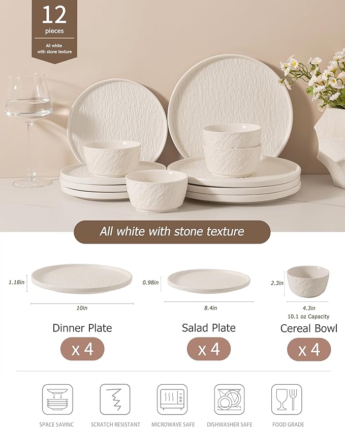 Dinnerware sets plates and bowls sets modern plates stoneware dinnerware set Plates and Bowls Set for 4, 12 Pieces Dishes,Microwave and Dishwasher Safe Tableware (style - 2, 4 - Set (12pcs))