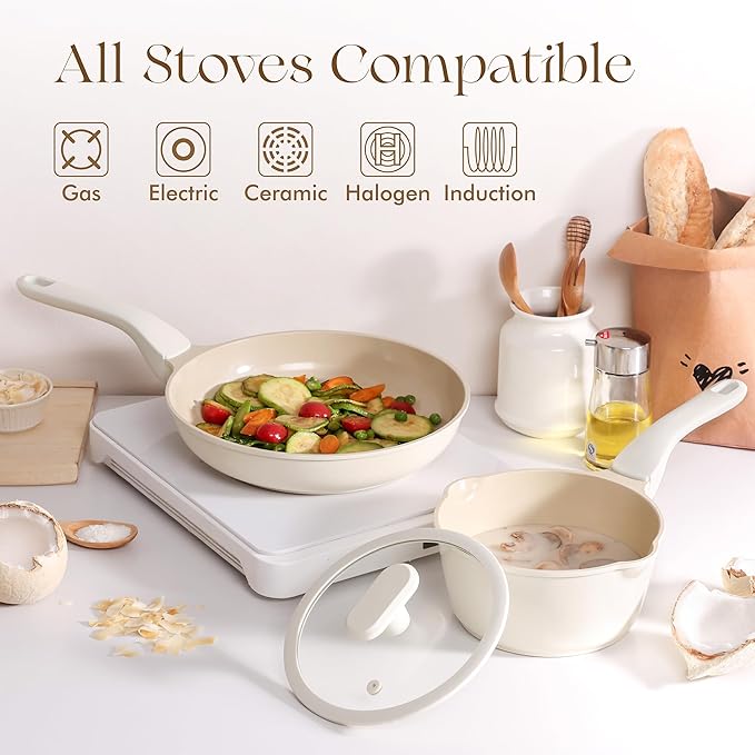 PRICUSIS Ceramic Nonstick Saucepan with Lid, 2.7 Quart Non Toxic Pot with Pour Spouts, Full Coated, 100% Dishwasher Safe, Induction Compatible & Oven Safe, PTFE PFAS & PFOA Free, Coconut White