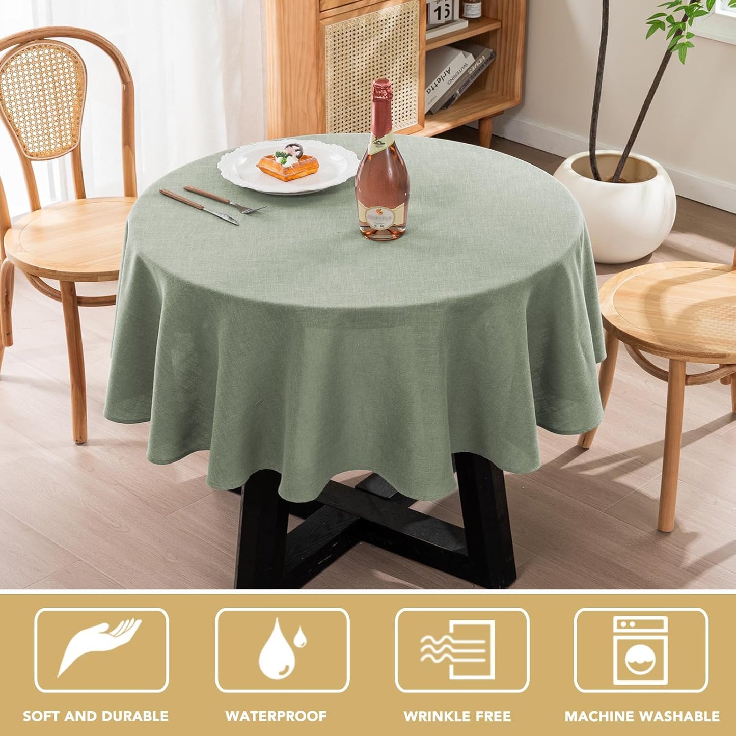 H.VERSAILTEX Linen Table Cloths Round 60 Inch Premium Tablecloth Spill-Proof Waterproof Table Cover for Dining Buffet Feature Extra Soft and Thick Fabric Wrinkle Free, Sage