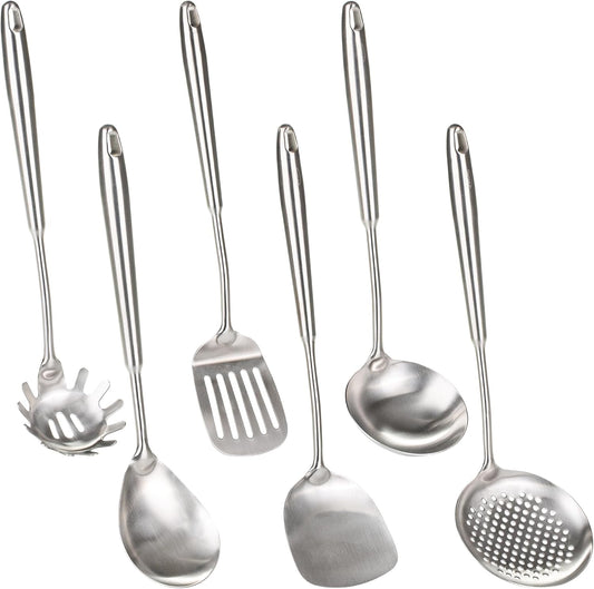 FJNATINH 6-Pieces 304 Stainless Steel Wok Spatula Set,Cooking Utensil Set,Soup Ladle Colander,Nonstick Kitchen Cooking Utensils Set with Spatula,Kitchenware Tools