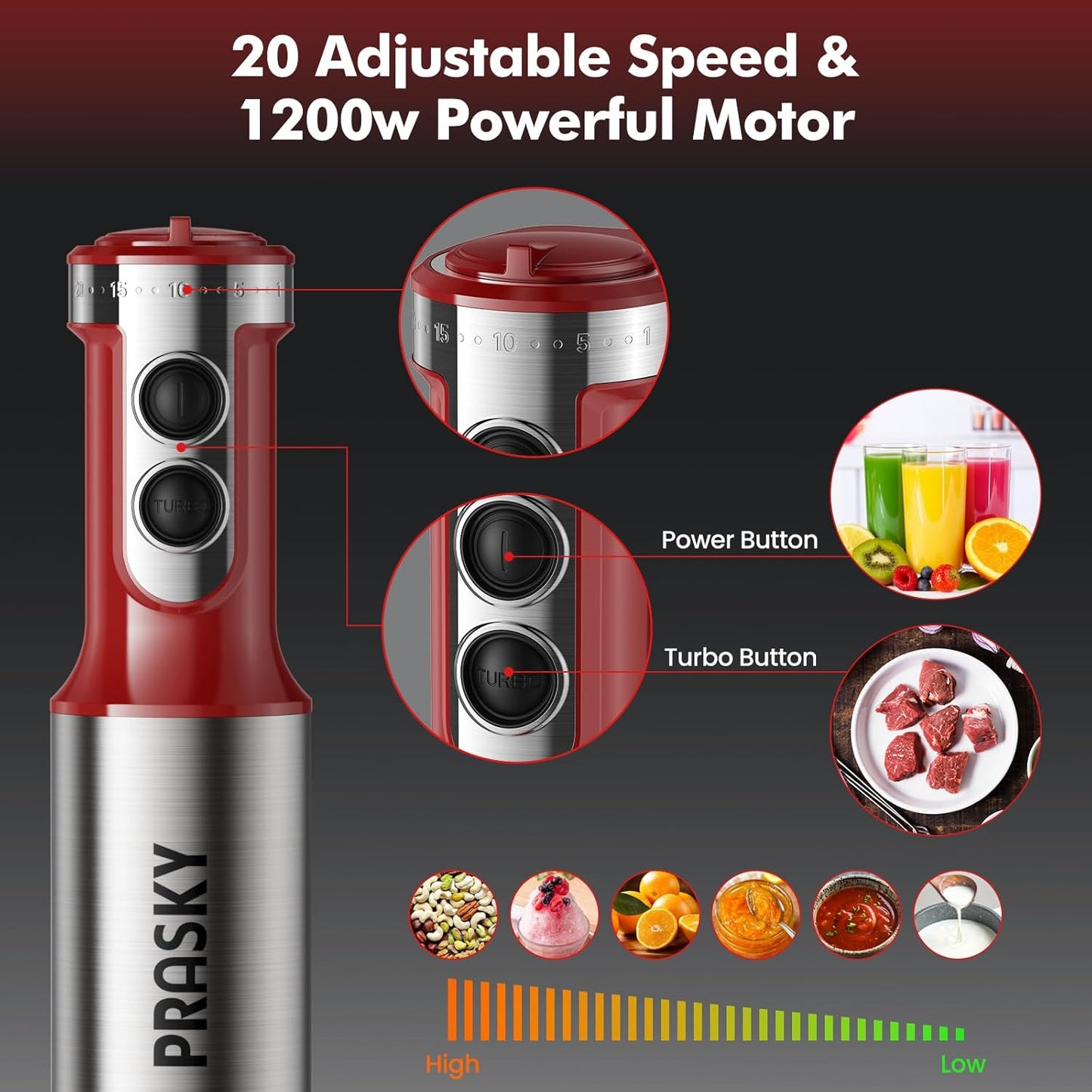 Immersion Blender Handheld，1200W Hand Blenders, 20 Speed & Turbo Mode Hand Held Blender, Stainless Steel Blades, Milk Frother Wand, Whisk, 600ml Beaker, 500ml Chopper (Red)