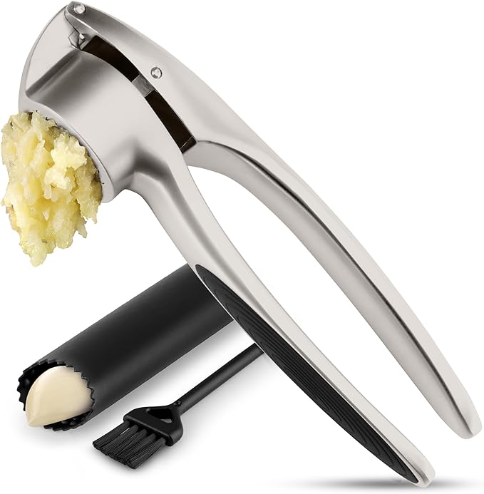 Zulay Kitchen Premium Garlic Press Set – Rust Proof & Dishwasher Safe Garlic Mincer Tool with Silicone Garlic Peeler & Brush, Easy Squeeze & Clean, Ergonomic Soft Grip Handle - Medium – Chrome