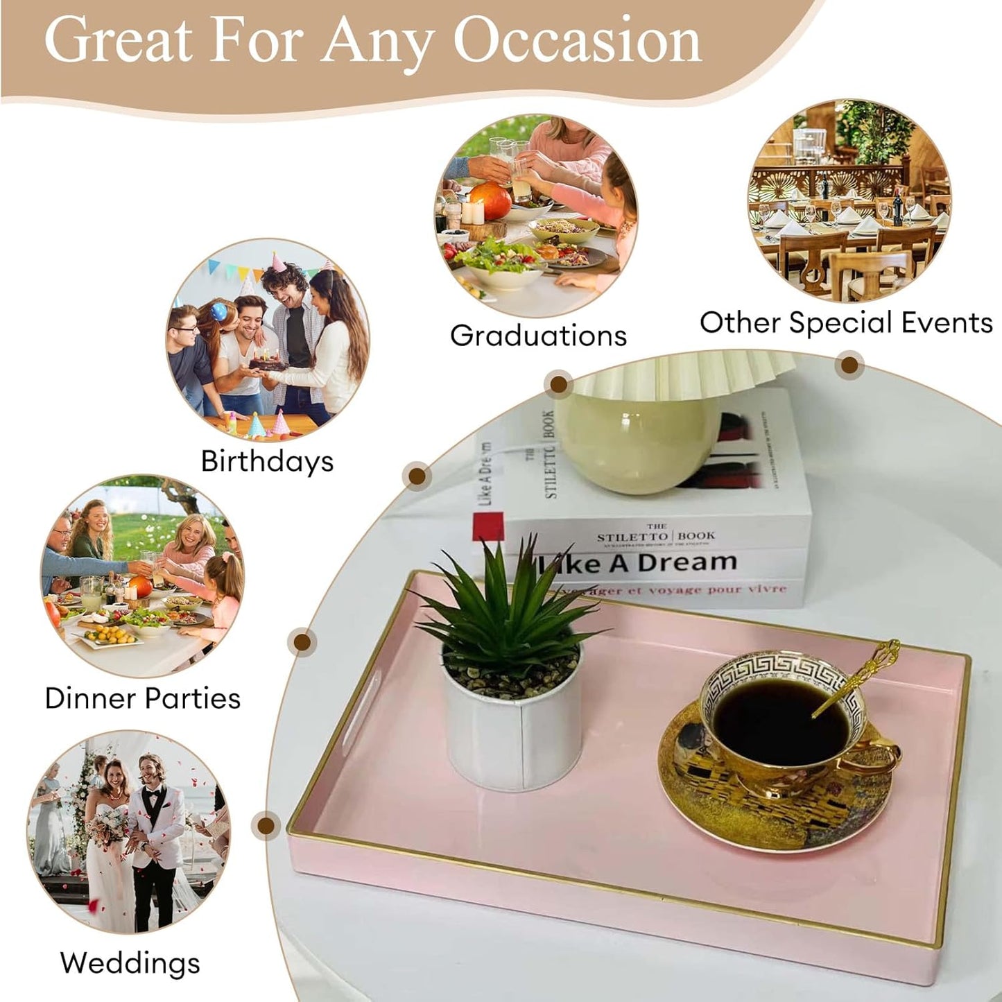 Zosenley Decorative Tray, Rectangular Plastic Tray with Handles, Modern Vanity Tray and Serving Tray for Bathroom, Kitchen, Ottoman and Coffee Table, 15.6” x 10.2” (Pink)