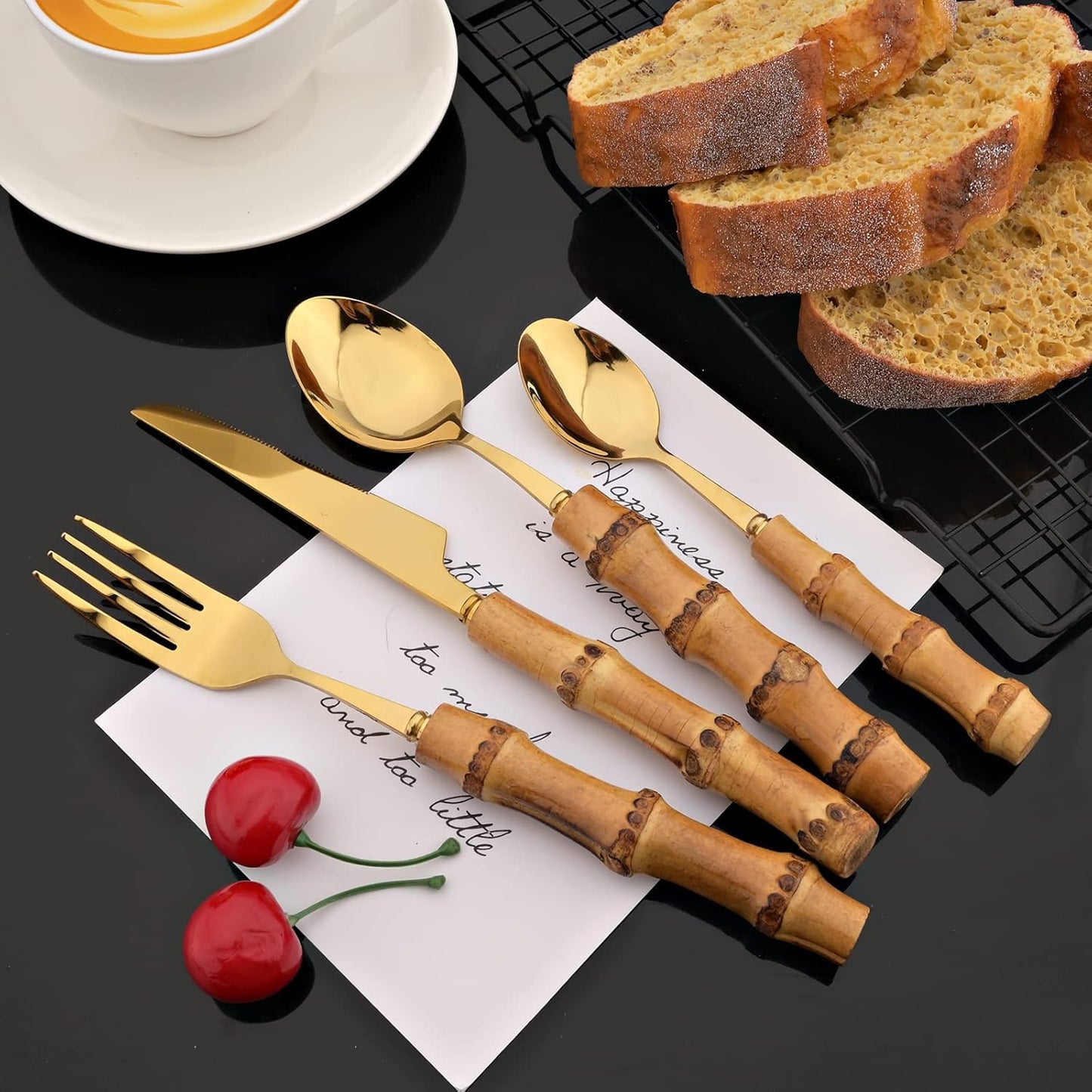 JASHII 16 Pieces Bamboo Handle Silverware Set Natural Bamboo Stainless Steel Flatware Cutlery Utensils,Service for 4, Include Knife Fork Spoon Teaspoon. - Bamboo Gold