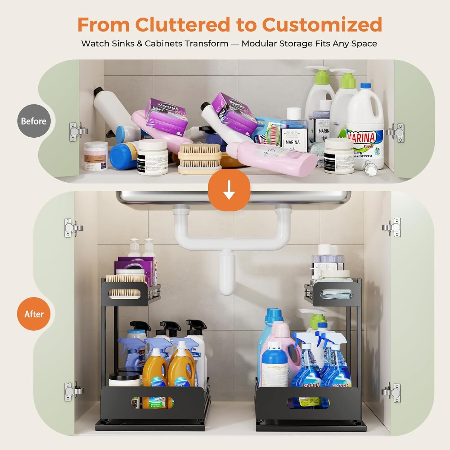 Delamu 2 Pack Metal Bathroom Organizers and Storage, 2 Tier Pull Out Under Sink Organizer for Kitchen Bathroom, Adjustable Under Sink Shelf for Multipurpose Cabinet Organizer, Black