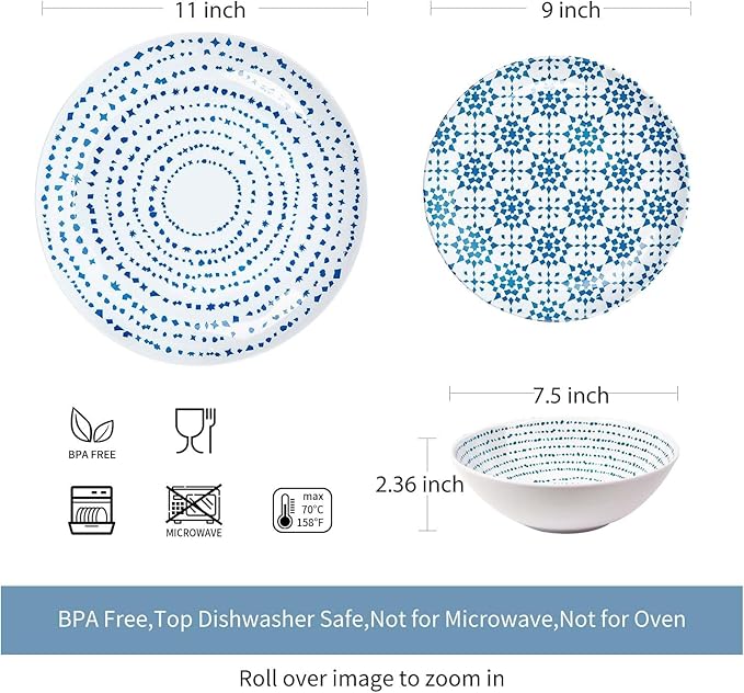 Melamine Dinnerware Set of 12 Pcs Dinner Dishes Set Bowls and Plates for Indoor and Outdoor with Unbreakable Non-breakable Lightweight Dining Tableware