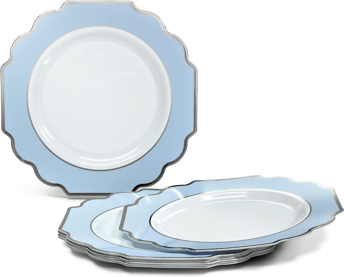 " OCCASIONS " 240 Plates Pack (120 Guests) Heavyweight Wedding Party Disposable Plastic Plates Set -120 x 10.5'' Dinner + 120 x 8'' Salad/Dessert Plate (Imperial in White/Blue & Silver)
