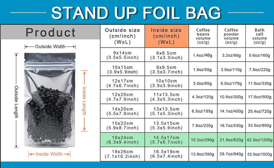 FERENLI 300 Pieces Stand Up Clear Front Zipper Lock Resealable Aluminum Mylar Foil Plastic Packaging Bag for Zip Heat Seal Package Lock with Tear Notch Long Term Food Storage 6.3x9.4 inch