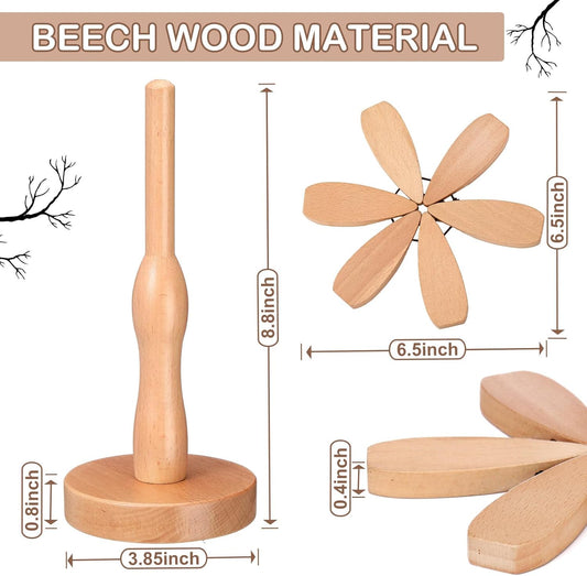 Wooden Tree Coaster Trivets Wood Trivets Set for Hot Dishes Set of 4 Christmas Tree Shape Foldable Wooden Coaster and 1 Stand Natural Trivet for Cups Plates Bowls Pots(Beech Color)