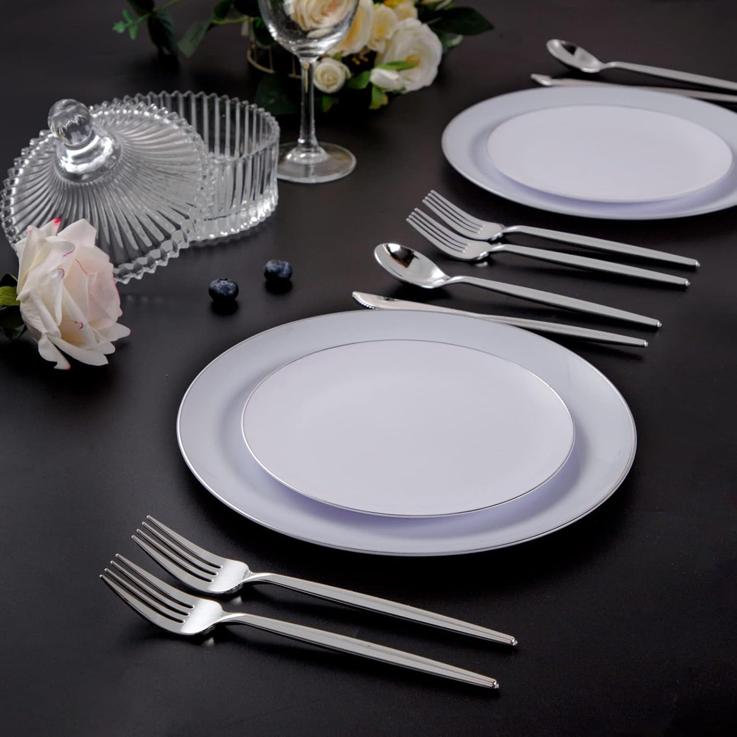 SUT 150Pcs Silver Plastic Silverware, Silver Disposable Cutlery, Heavy Duty Disposable Silverware, Plastic Utensils Include 50 Plastic Forks, 50 Plastic Spoons, 50 Plastic Knives