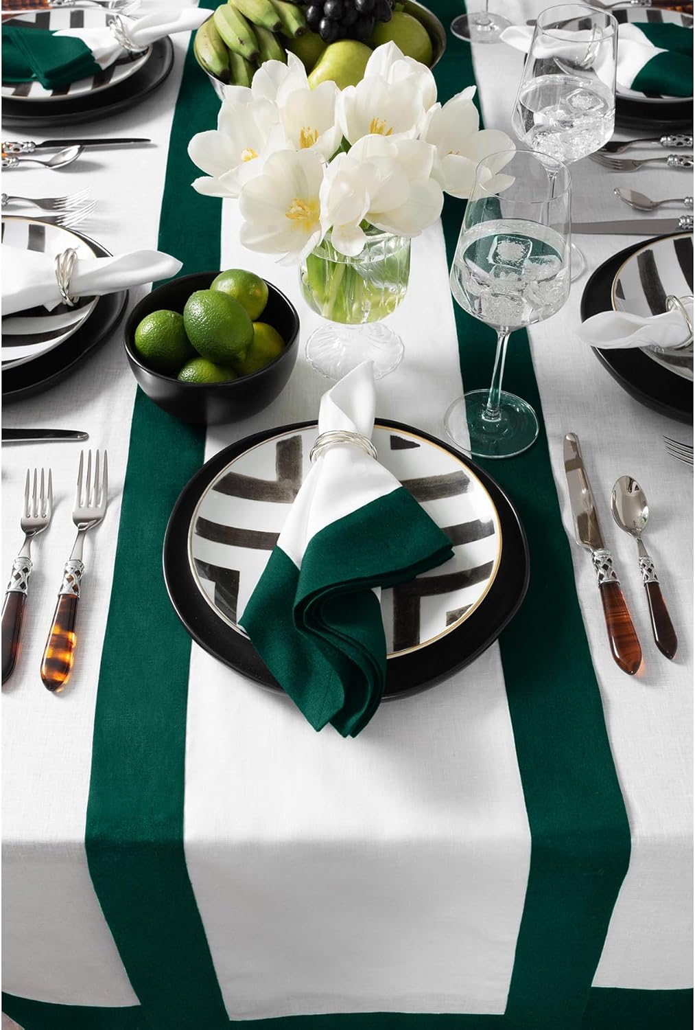 Solino Home Linen Table Runner 90 Inches Long - Rainforest and White 100% Pure Linen 14 x 90 Inch Table Runner for Dining, Fall, Autumn, Thanksgiving - Contempo