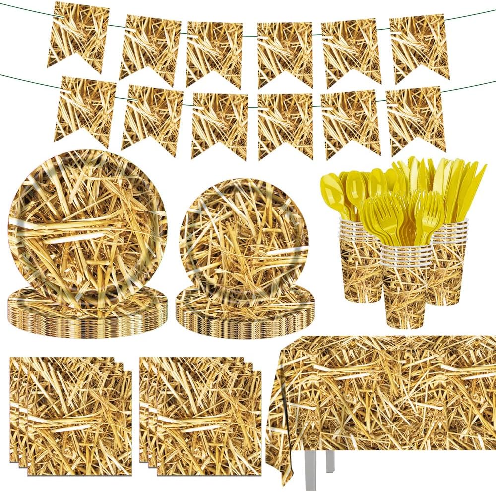 142 Pcs Straw Party Decorations Western Party Decorations Disposable Tableware Set Plates Napkins Cups Serves 20