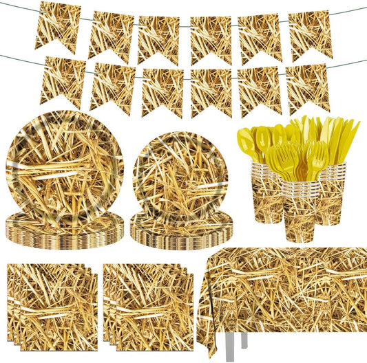 142 Pcs Straw Party Decorations Western Party Decorations Disposable Tableware Set Plates Napkins Cups Serves 20