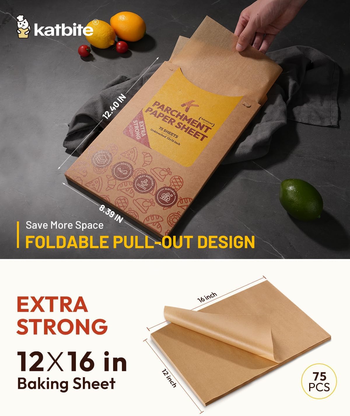 Katbite 75Pcs Unbleached Parchment Paper Sheets 12x16IN, Pre-Cut Heavy Duty Parchment Baking Paper, Non-Stick Half Sheet Brown Baking Parchment Paper for Air Fryer, Baking Cookie [Advanced Series]