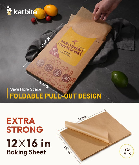 Katbite 75Pcs Unbleached Parchment Paper Sheets 12x16IN, Pre-Cut Heavy Duty Parchment Baking Paper, Non-Stick Half Sheet Brown Baking Parchment Paper for Air Fryer, Baking Cookie [Advanced Series]
