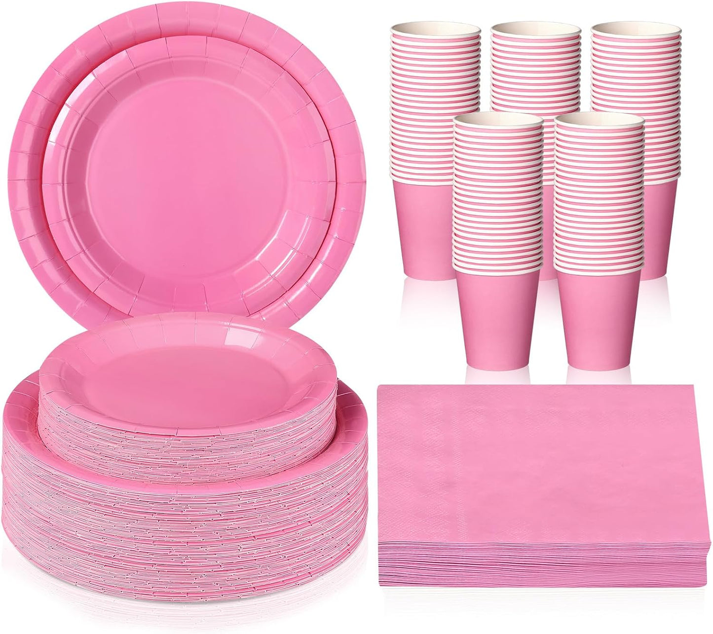 Tioncy 200 Pcs Disposable Paper Plates Cups and Napkins Party Supplies Serve 50 Guests Disposable Paper Dinnerware Set for Halloween Birthday Wedding Baby Shower Family Picnic(Pink)
