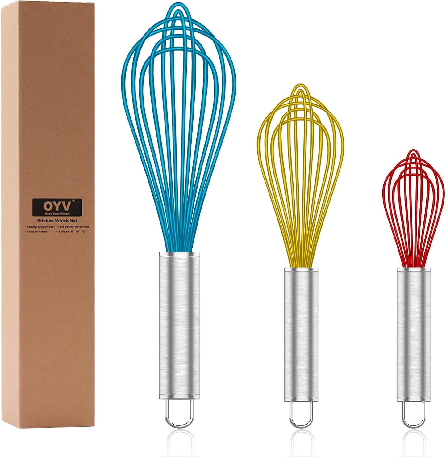 Whisk,Sturdy Stainless Steel Wires Coated in Professional Silicone,3 Pack Whisks for Cooking,Mini Whisk,Colored Balloon Egg Beater for Blending,Whisking,Beating,Stirring,Cooking,Baking (Multi)