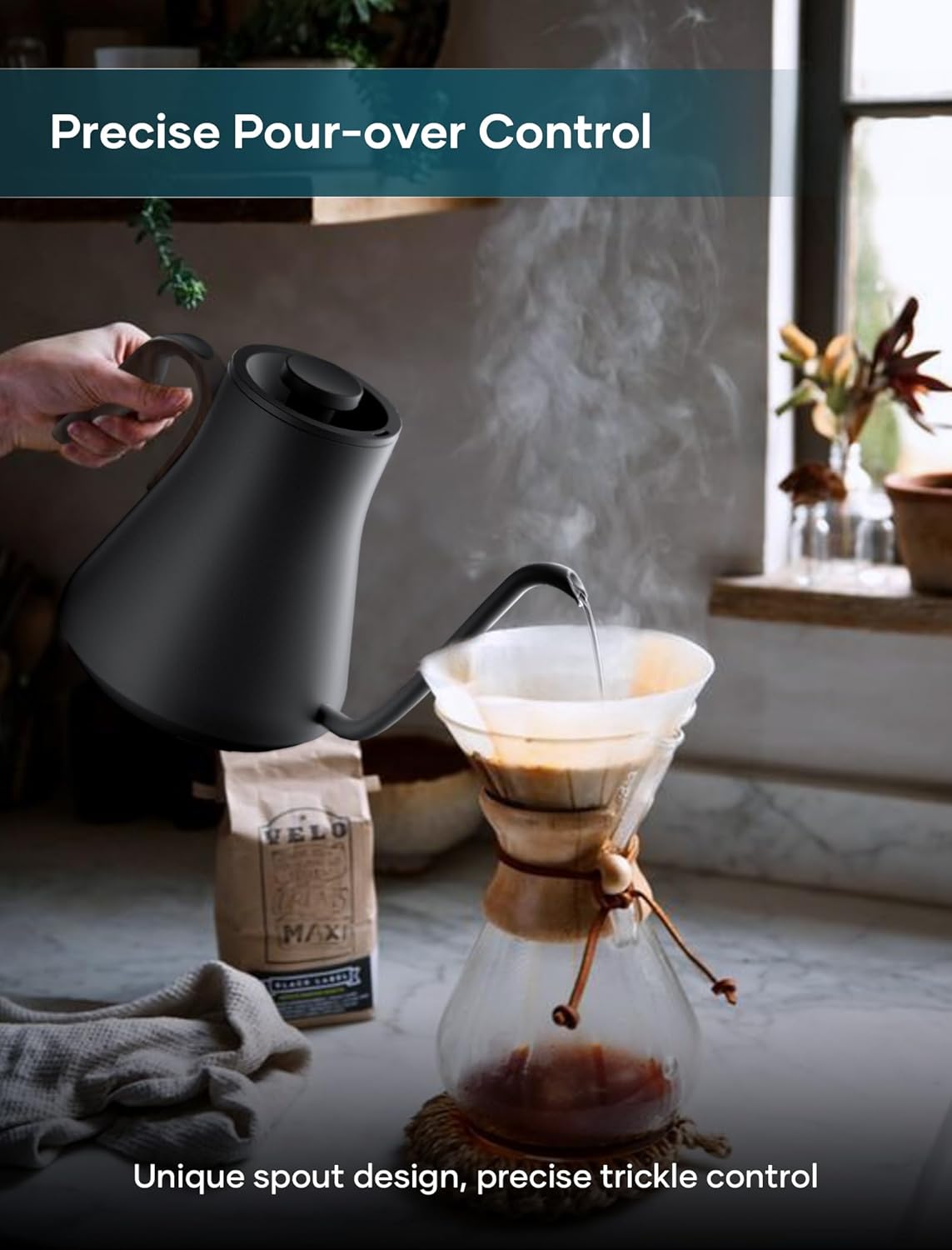 Electric Kettle, Gooseneck Electric Kettle, ±1℉ Precise Temperature Control, Stainless Steel Interior, Quick Heating for Pour Over Coffee, Tea & Boiling Water, 0.9L (Wood Black)