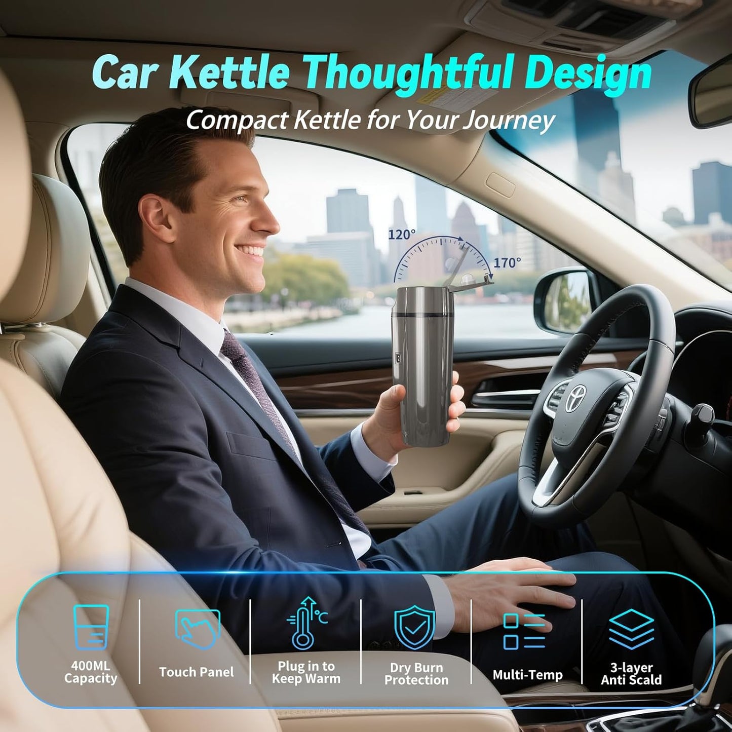 Car Electric Kettle for Travel : FVPE 12V/24V Small Electric Water Kettle, Multi-Temp Control 400 mL Portable Car Water Boiler for Brewing Coffee Tea,LCD Display 304 Stainless Steel Truck Heating Cup