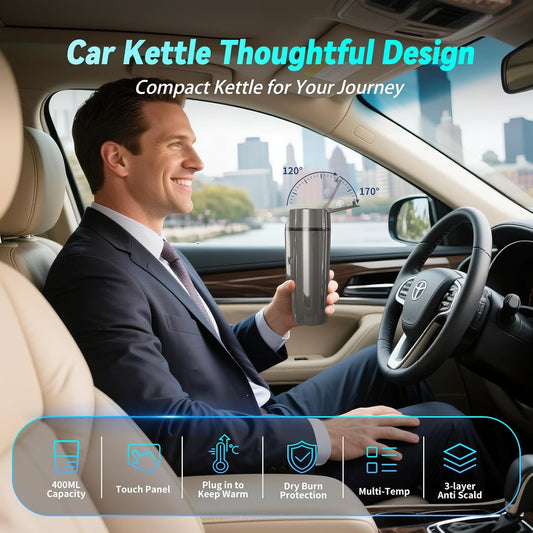 Car Electric Kettle for Travel : FVPE 12V/24V Small Electric Water Kettle, Multi-Temp Control 400 mL Portable Car Water Boiler for Brewing Coffee Tea,LCD Display 304 Stainless Steel Truck Heating Cup