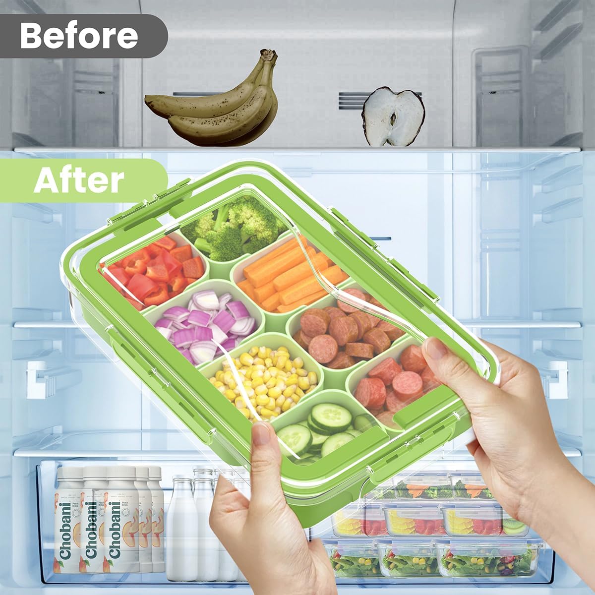 2 Pack Food Divided Storage Containers-Snackle Box Large Charcuterie Container for Portable Fridge Snack Platters-Reusable 12 Compartment Clear Storage with Lid and Handle Organizer(Green)