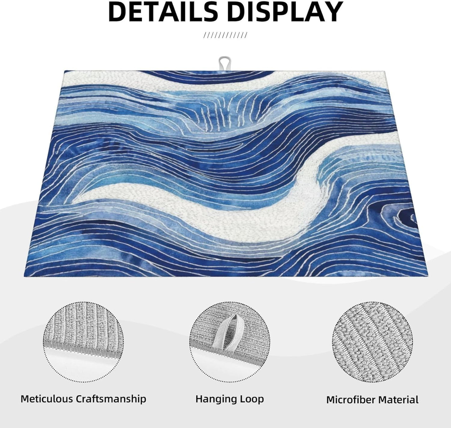 Blue White Wave Abstract Art Dish Drying Mat for Kitchen Counter & Sink, Absorbent Microfiber Ocean Drying Pad for Dishes, Foldable Nautical Modern Kitchen Mat for Dining Area & Home Decor, 18" x 24"