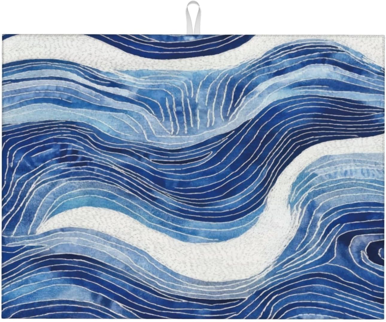 Blue White Wave Abstract Art Dish Drying Mat for Kitchen Counter & Sink, Absorbent Microfiber Ocean Drying Pad for Dishes, Foldable Nautical Modern Kitchen Mat for Dining Area & Home Decor, 18" x 24"