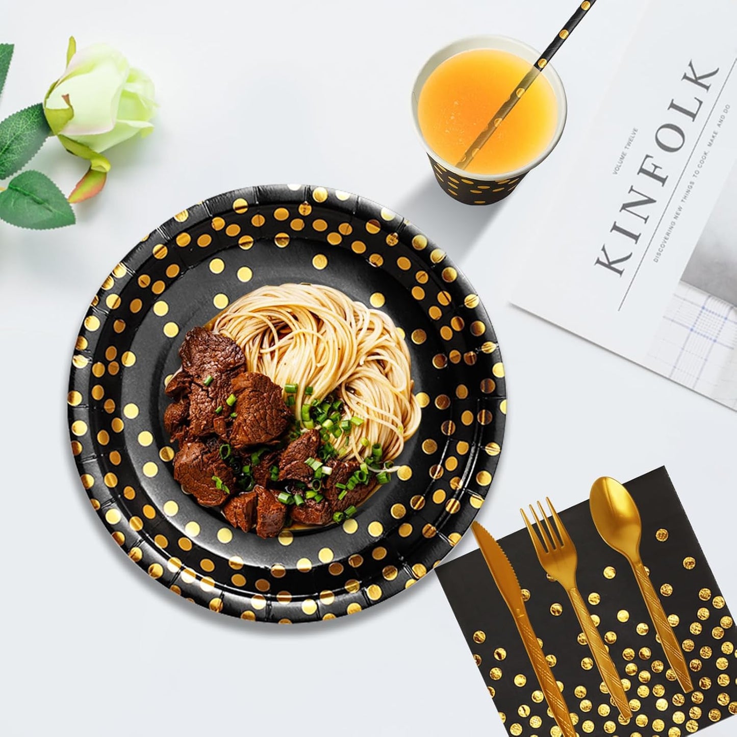 Paper Plates and Napkins Set, 193 Pieces Black Gold Party Supplies Includes Paper Plates Cups Napkins Straws and Cutlery for Birthday Wedding Holidays Parties Decorations-24 Guests