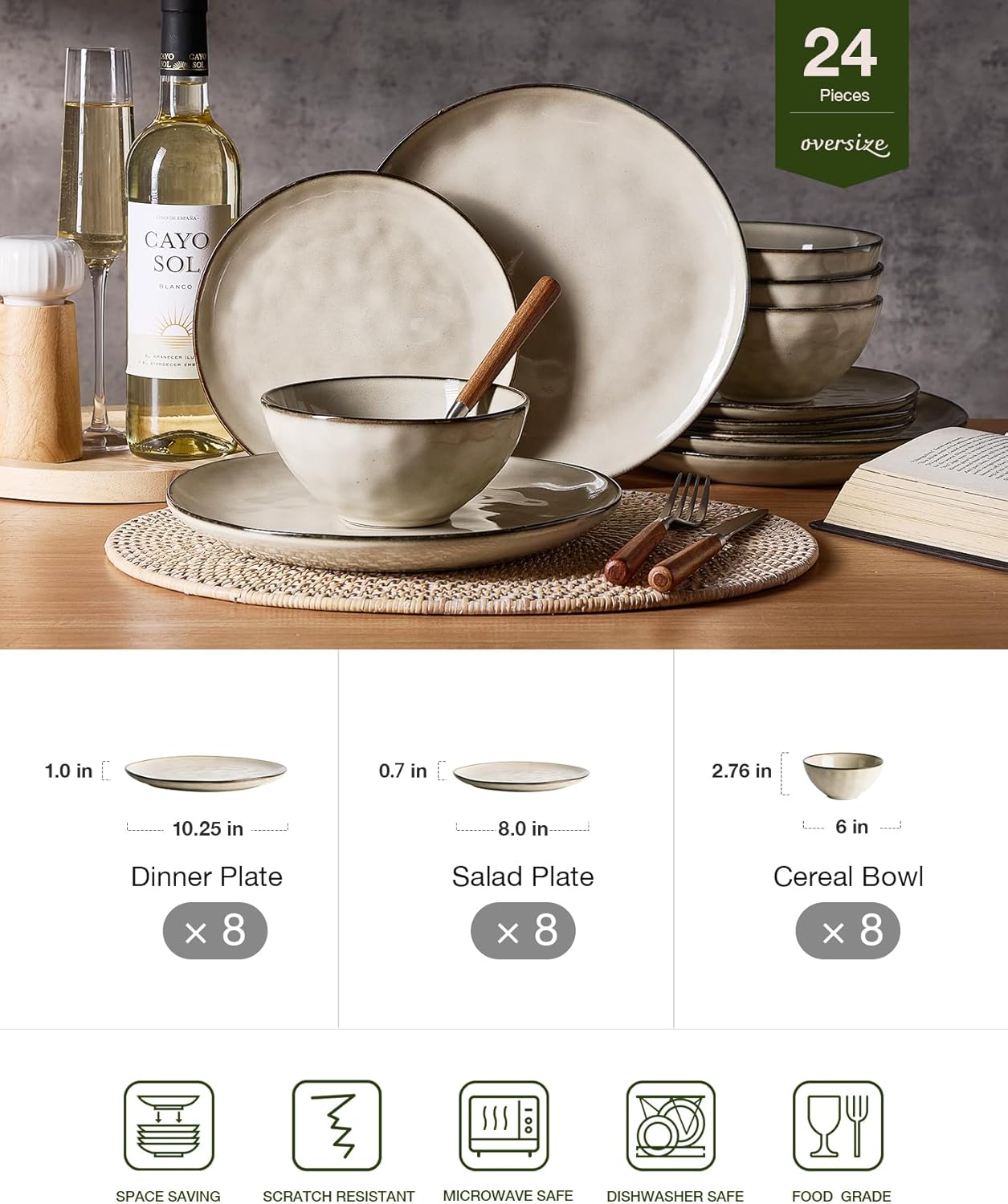 Famiware Dinnerware Sets for 8, Ocean Round 24-Piece Kitchen Plates and Bowls Sets, Microwave and Dishwasher Safe, Scratch Resistant, Light khaki
