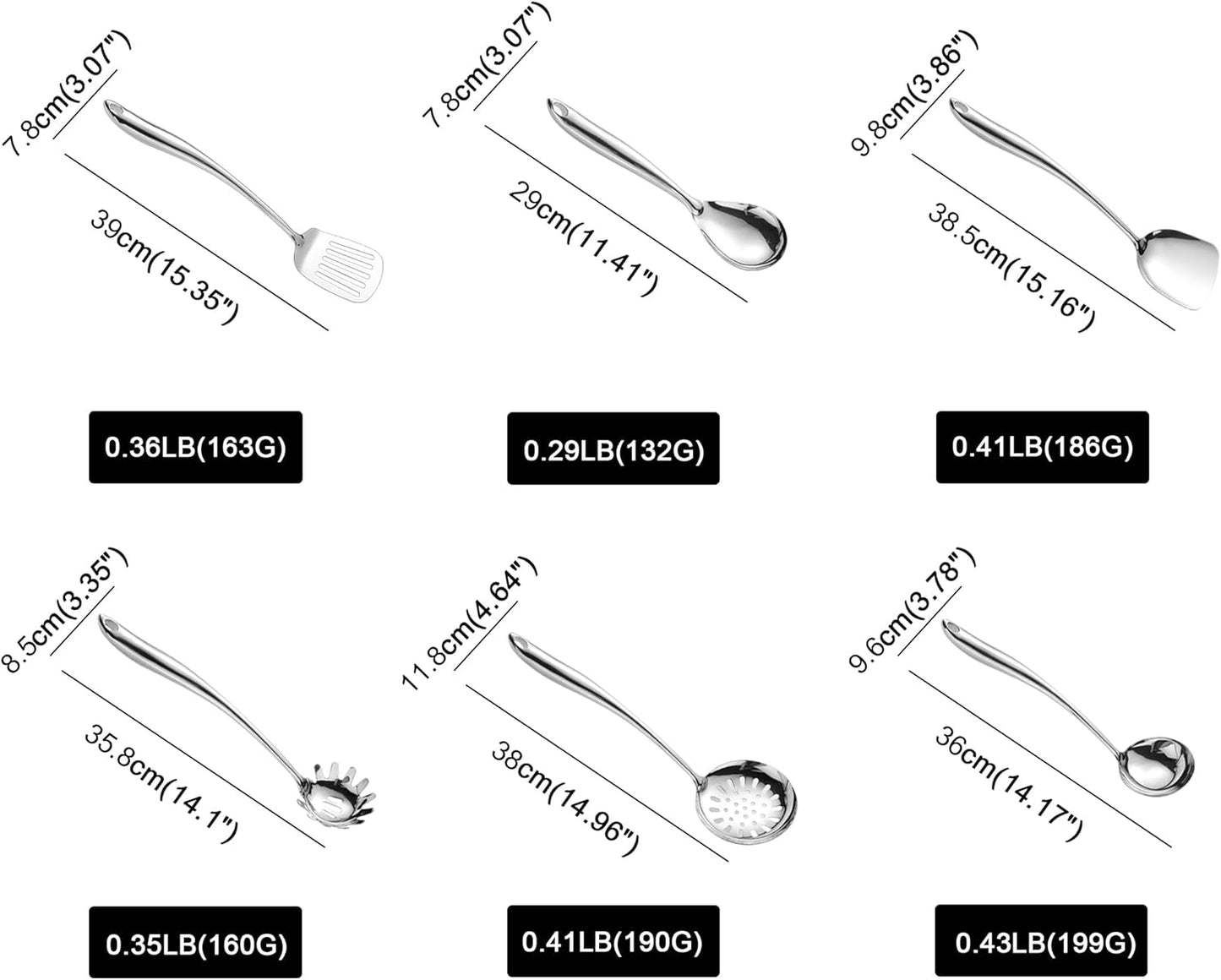 304 Stainless Steel Kitchen Utensil 6 PCS Cooking Utensils Set, Spatula, Ladle, Skimmer, Slotted Spatula Tunner, Spaghetti Spoon, Large Spoon