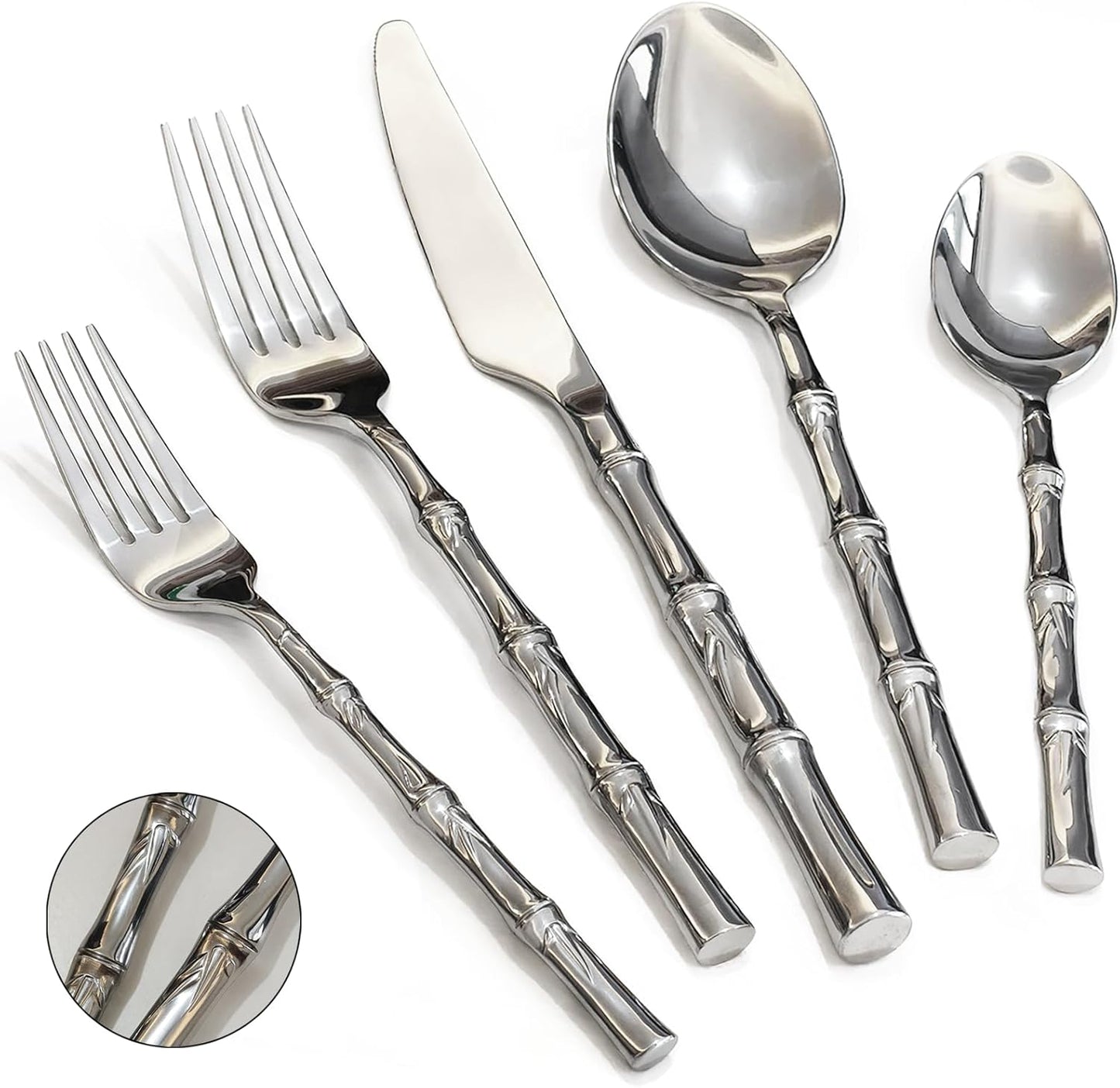 20-Piece Silverware Set with bamboo Handle,Stainless Steel Flatware Set, Modern Cutlery Set, Service for 4, Mirror Finish Dishwasher Safe