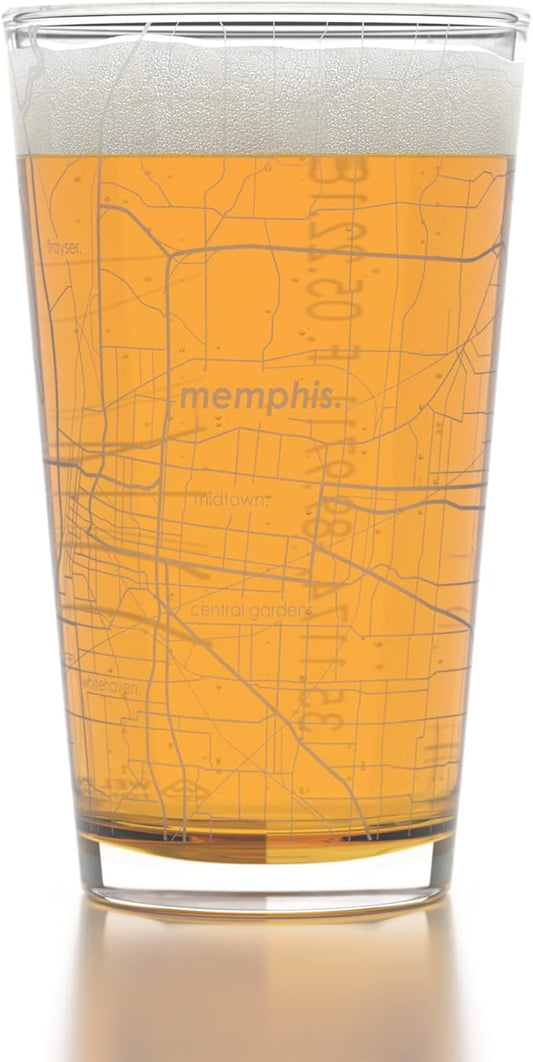Well Told Engraved Memphis Tennessee Map Pint Glass, Etched Beer Gift (16 oz, Clear) City Map Pint, Custom City Glassware, Gifts For Beer Lovers