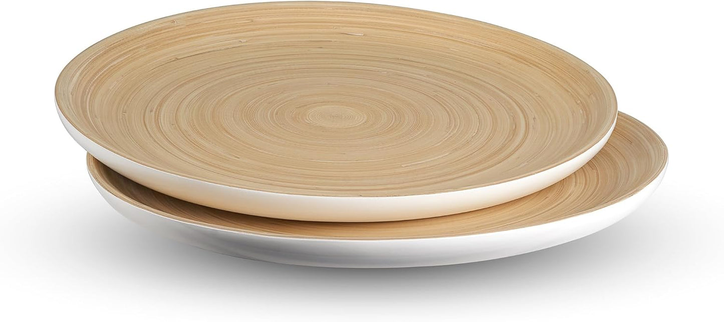 LEXA 12" Handcrafted 2PCs Bamboo Round Wooden Serving Tray For Serving Food - Small Wooden Tray For Ottoman Coffee Table Tray - Charcuterie Wood Trays Home Decor - Decorative Tray For Kitchen Counter