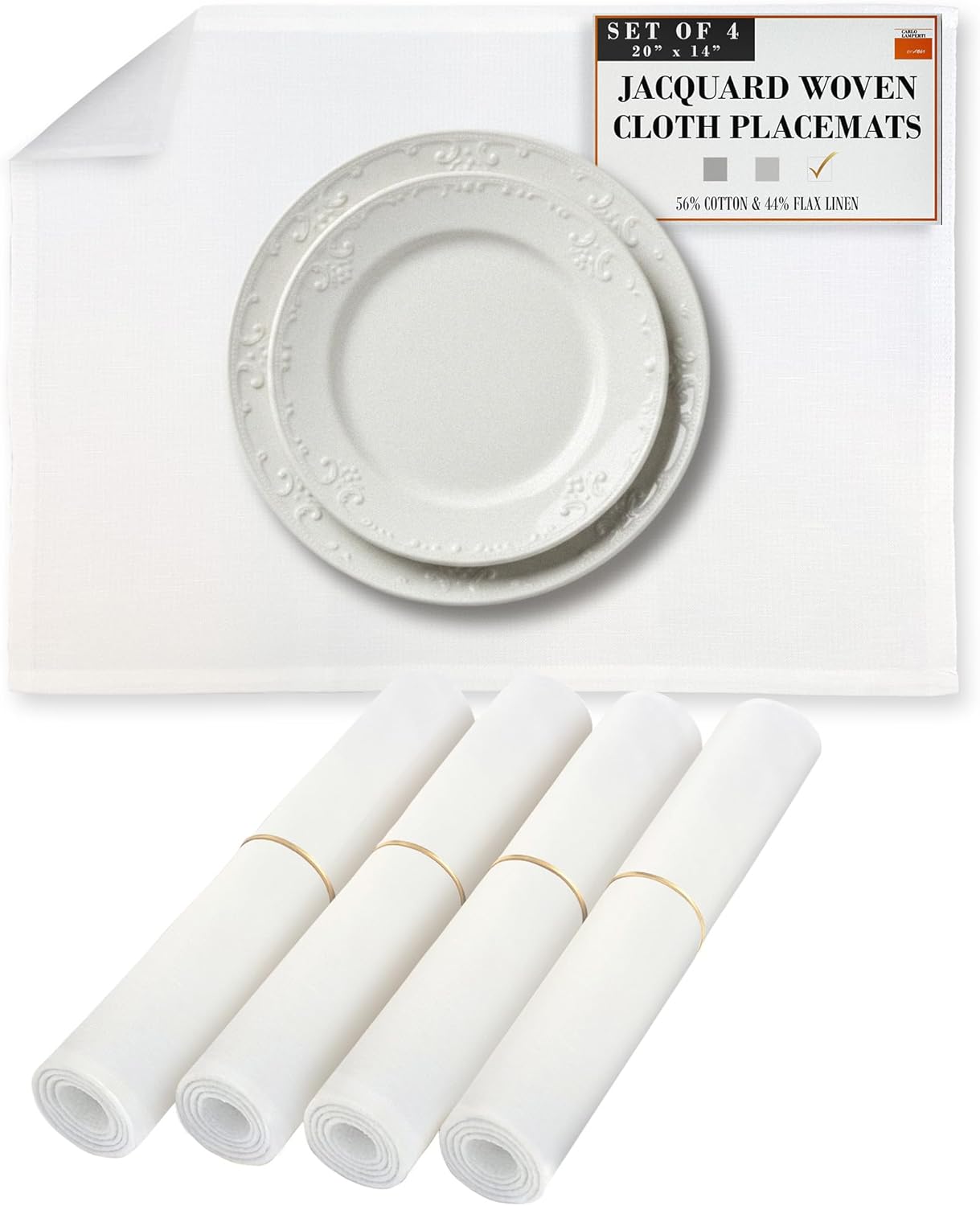Premium European Cloth Table Linen Placemats - 56% Cotton 44% Linen Fabric, Jacquard Woven Design - For All Occasions or Daily Use - Machine Washable - Carlo Lamperti Italy - White, 20"x14" (Set of 4)