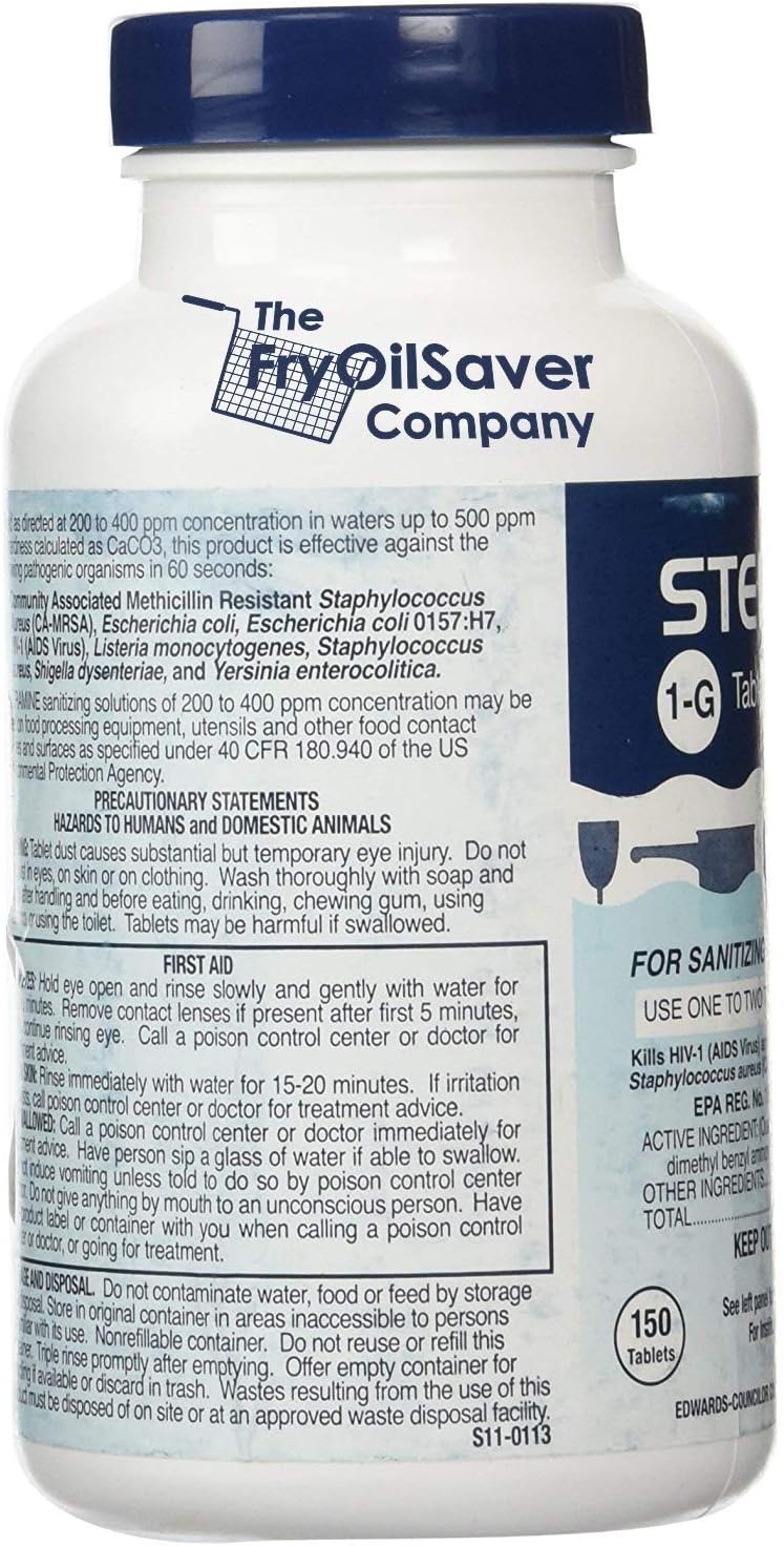 1 Bottle Steramine Sanitizer Tablets w/15x QT-10 Test Strips - Multi Purpose Steramine Sanitizing Tablets for Food Contact Surface, Kitchen, Restaurant, Food Service by FryOilSaver (150 Count)